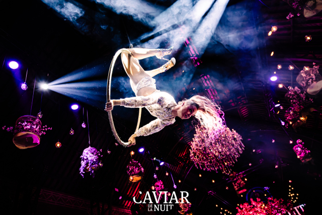 Caviar de la Nuit female sexy dancer boudoir flying in ring above crows